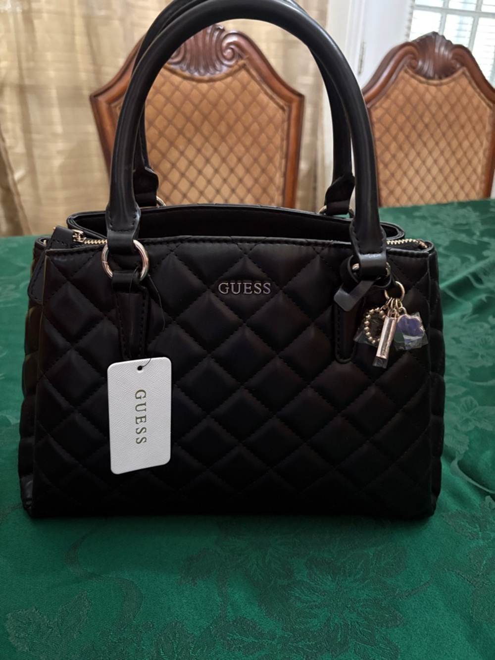 GUESS Black Quilted Satchel with Gold-Tone Accents